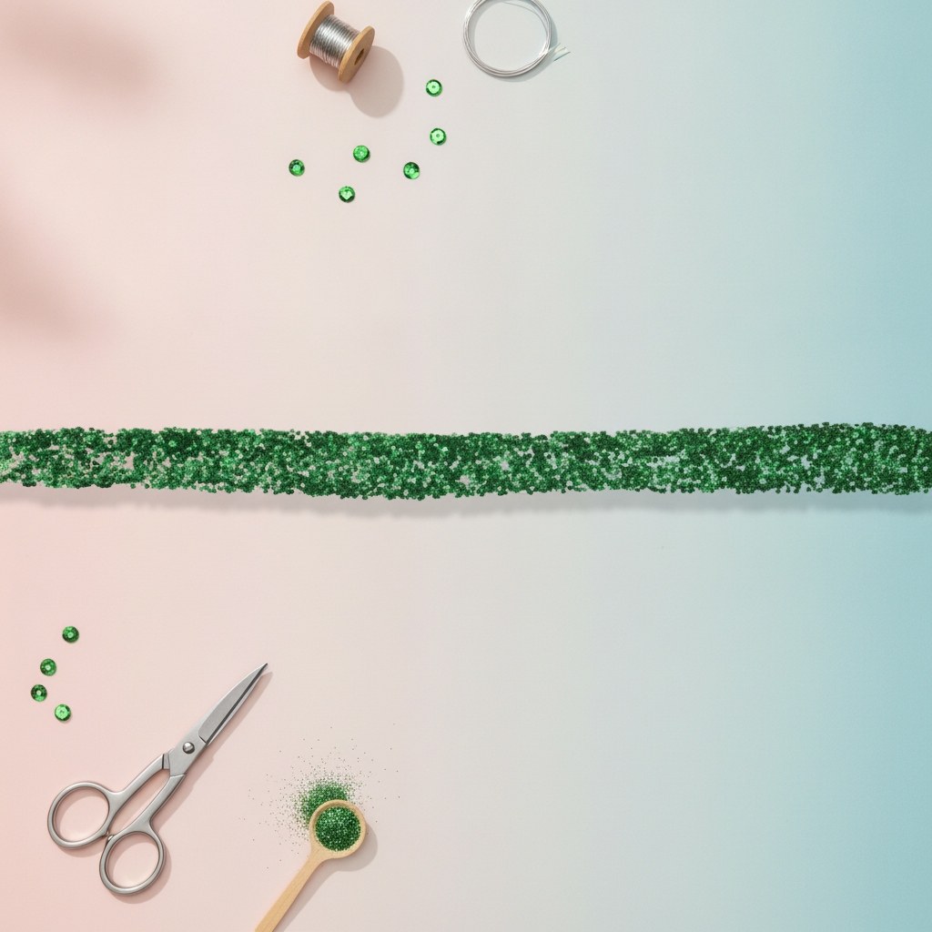 Nahaufnahme leuchtend grüner Glitzerkleber mit grobpartikeliger Textur und funkelndem Effekt auf weißem Untergrund