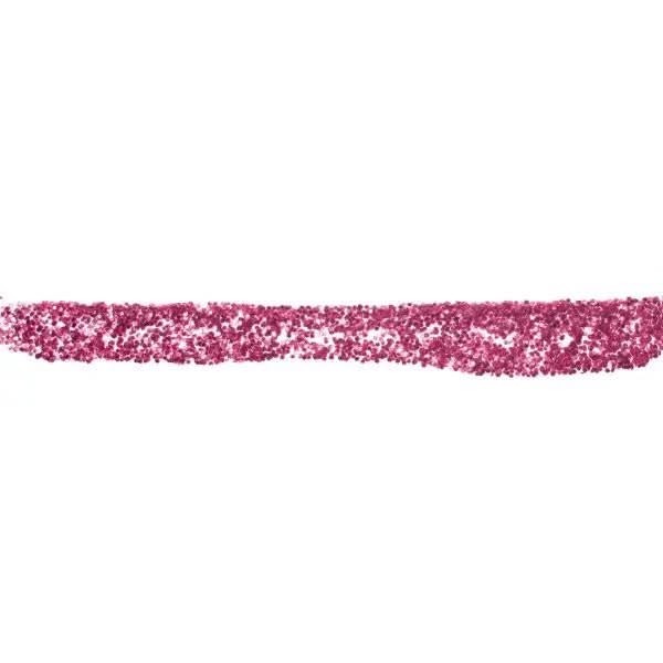 Nahaufnahme intensiv pinker Glitterglue Flasche mit feiner glitzernder Textur auf weißem Hintergrund