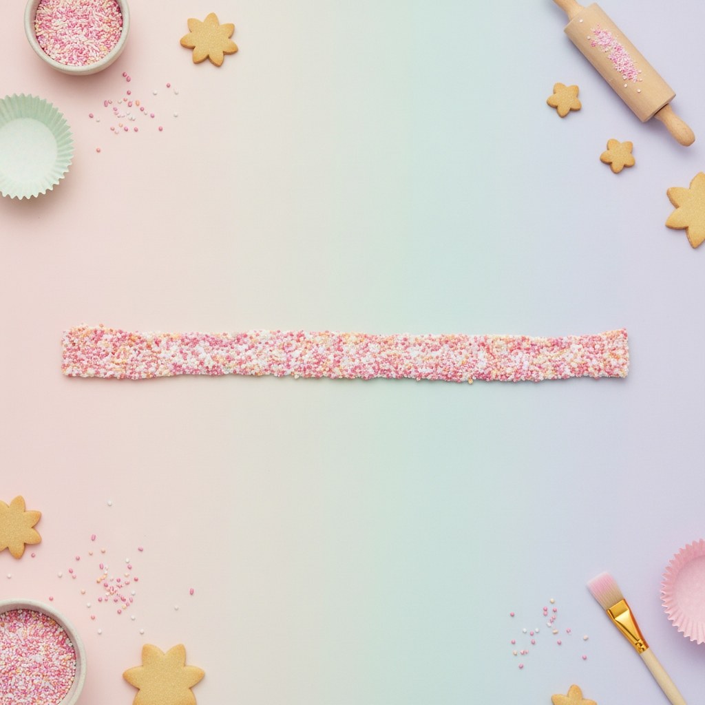 Nahaufnahme getrockneter Glitterkleber-Linie mit rosa-goldenem Glitzereffekt und körniger Textur auf weißem Untergrund