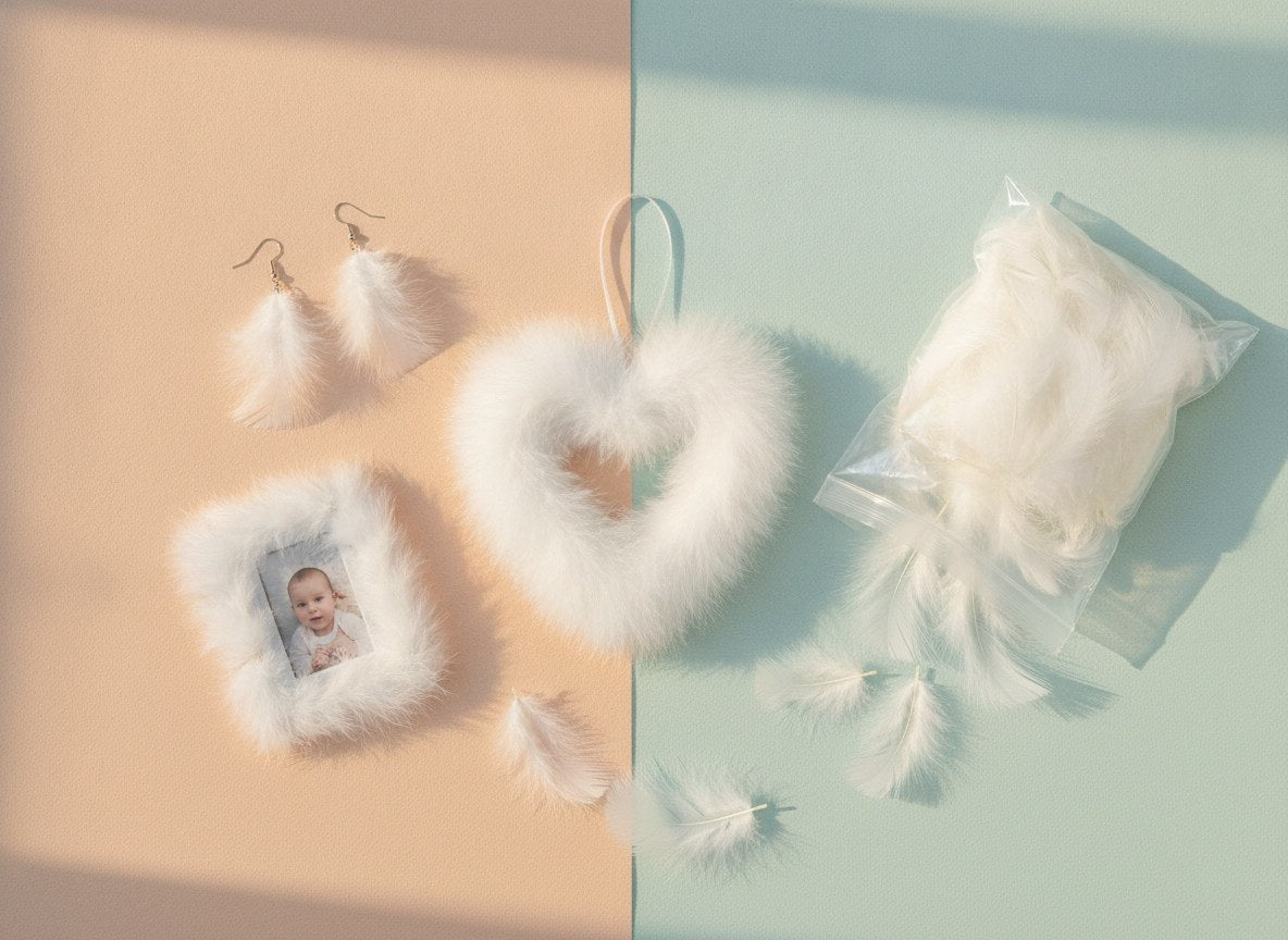 Weißes Federherz-Weihnachtsdeko mit Schleife, stilvoll arrangiert mit Schmuck und Rahmen