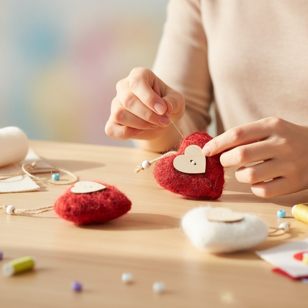 DIY Basteln rotes Filzherz mit Holzherz-Deko und Juteschnur