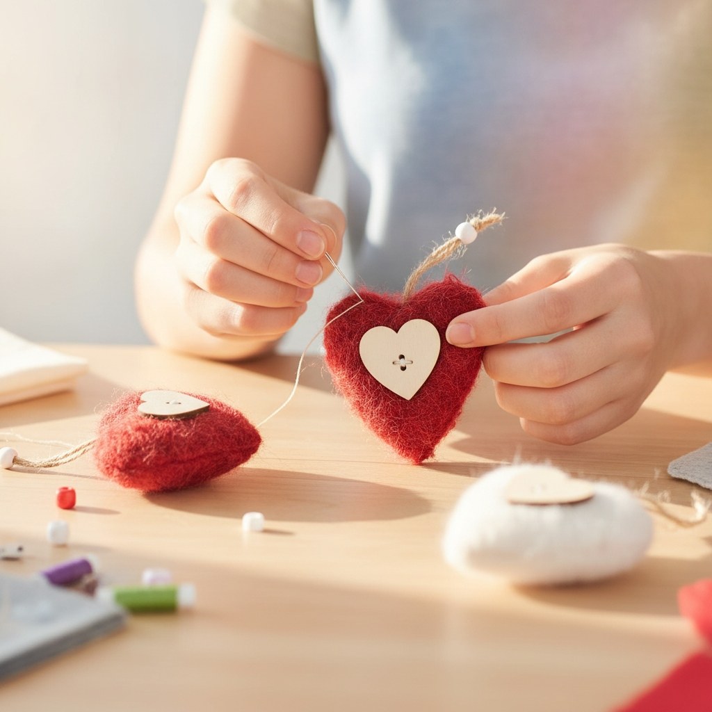 Nadel durch rotes Filzherz stecken DIY Weihnachtsdeko Set