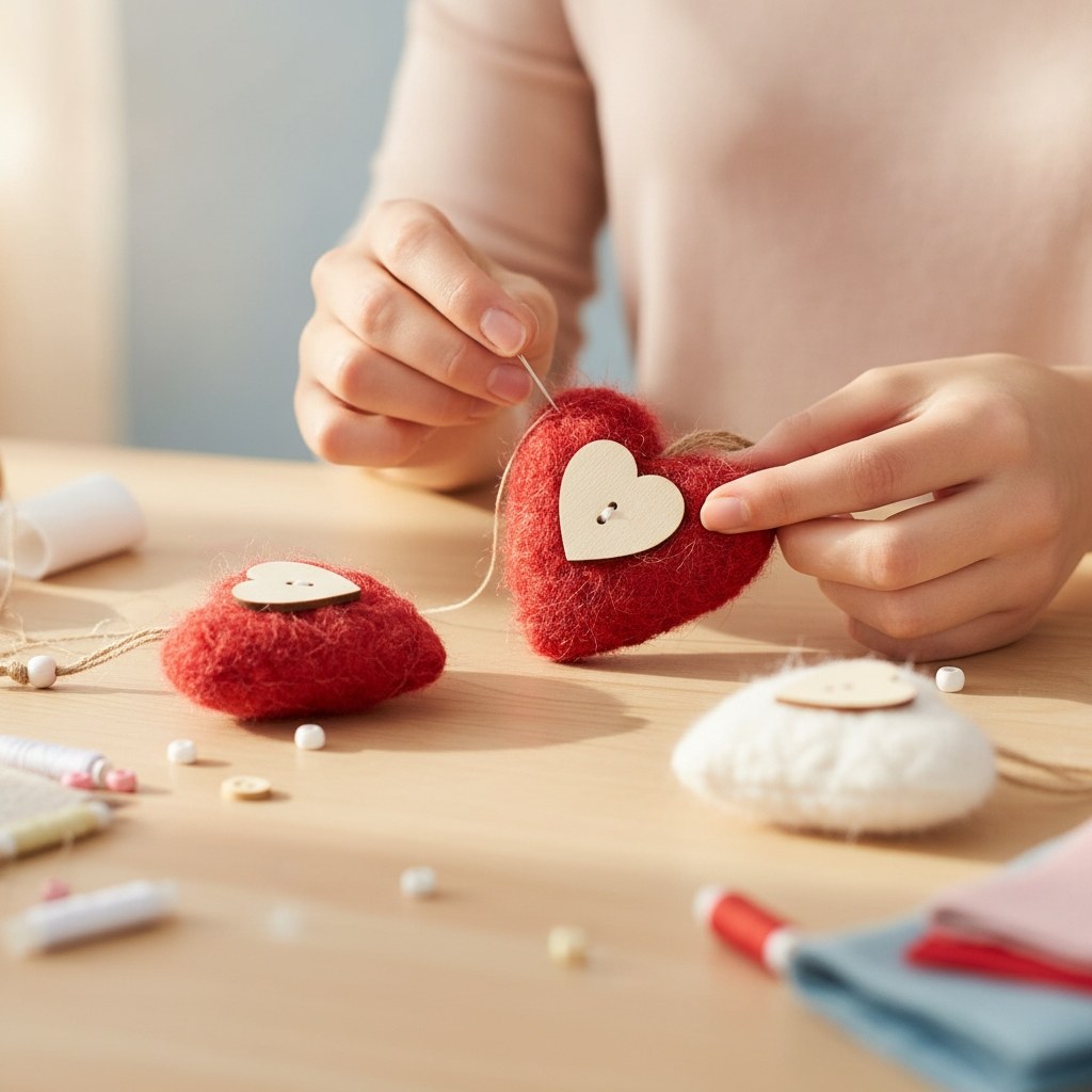 Person stickt rotes Herz mit Holzherz-Deko am Basteltisch