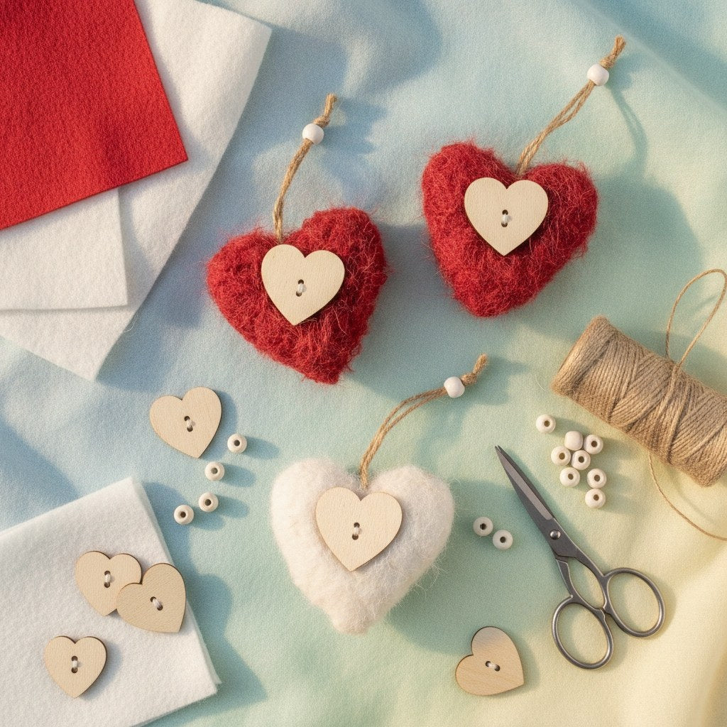 Flachliegendes DIY Herz-Set mit Schere Jutezwirn und Perlen
