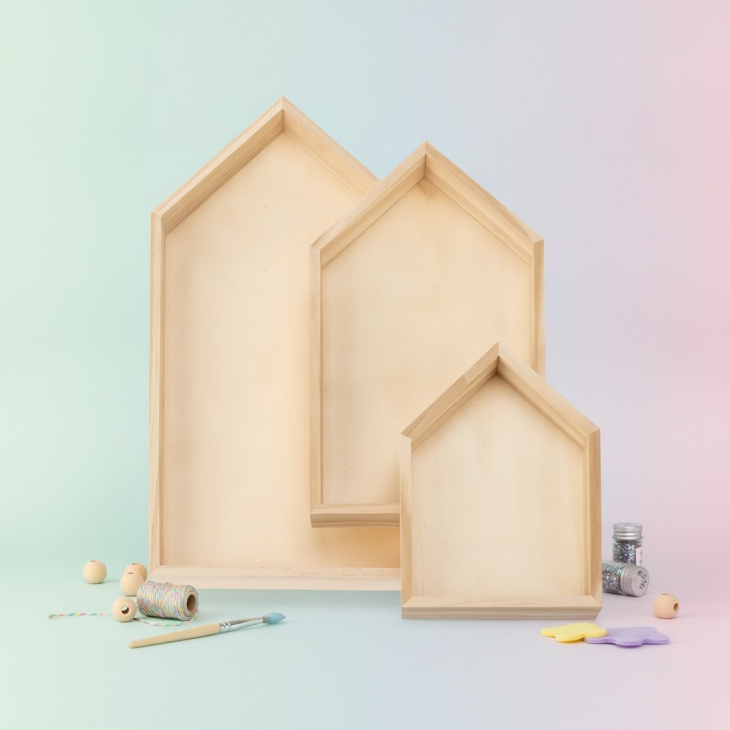 Holz-Tablett-Set 3tlg, Haus 20x40 / 17x30 / 14x20 cm - Kidis Art