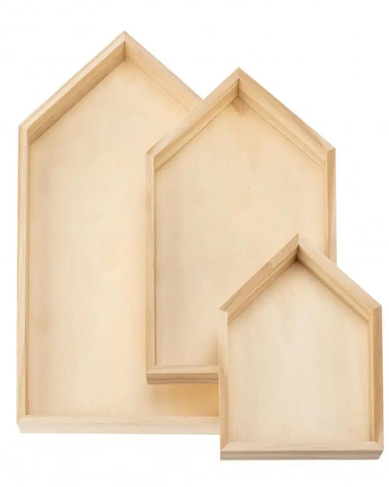Holz-Tablett-Set 3tlg, Haus 20x40 / 17x30 / 14x20 cm - Kidis Art