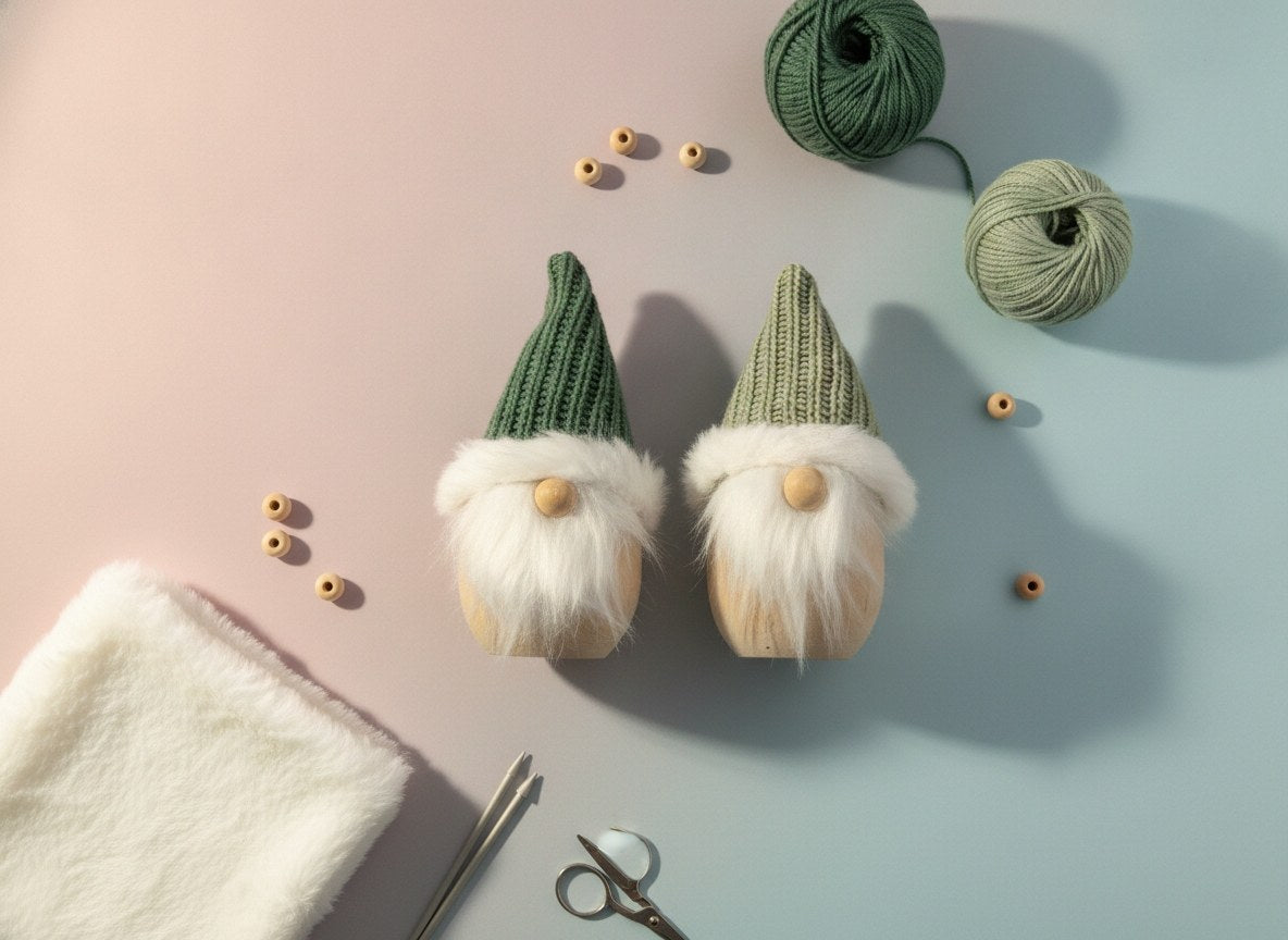 Holz-Wichtel Set im Flatlay mit Bastelmaterialien und Garnkugeln
