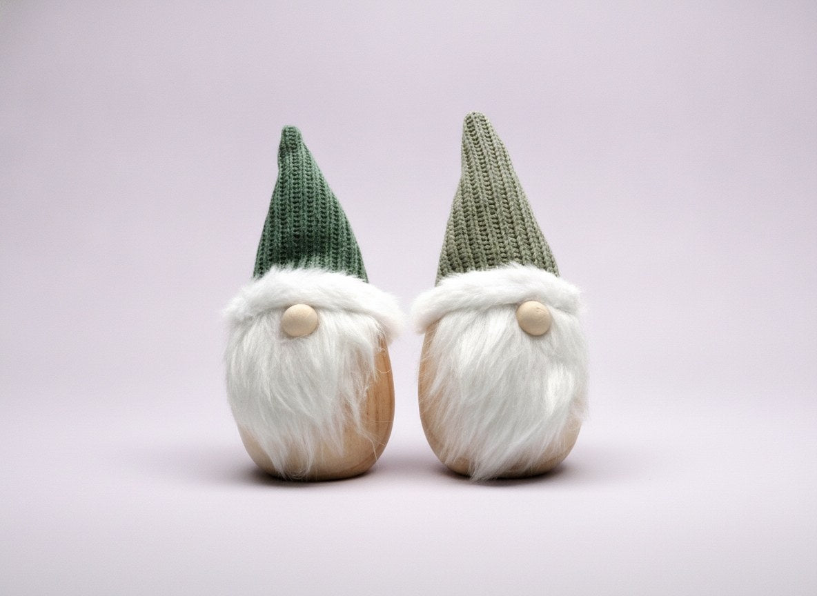 Due elfi di legno con cappelli verdi a maglia e barbe bianche per decorazione natalizia