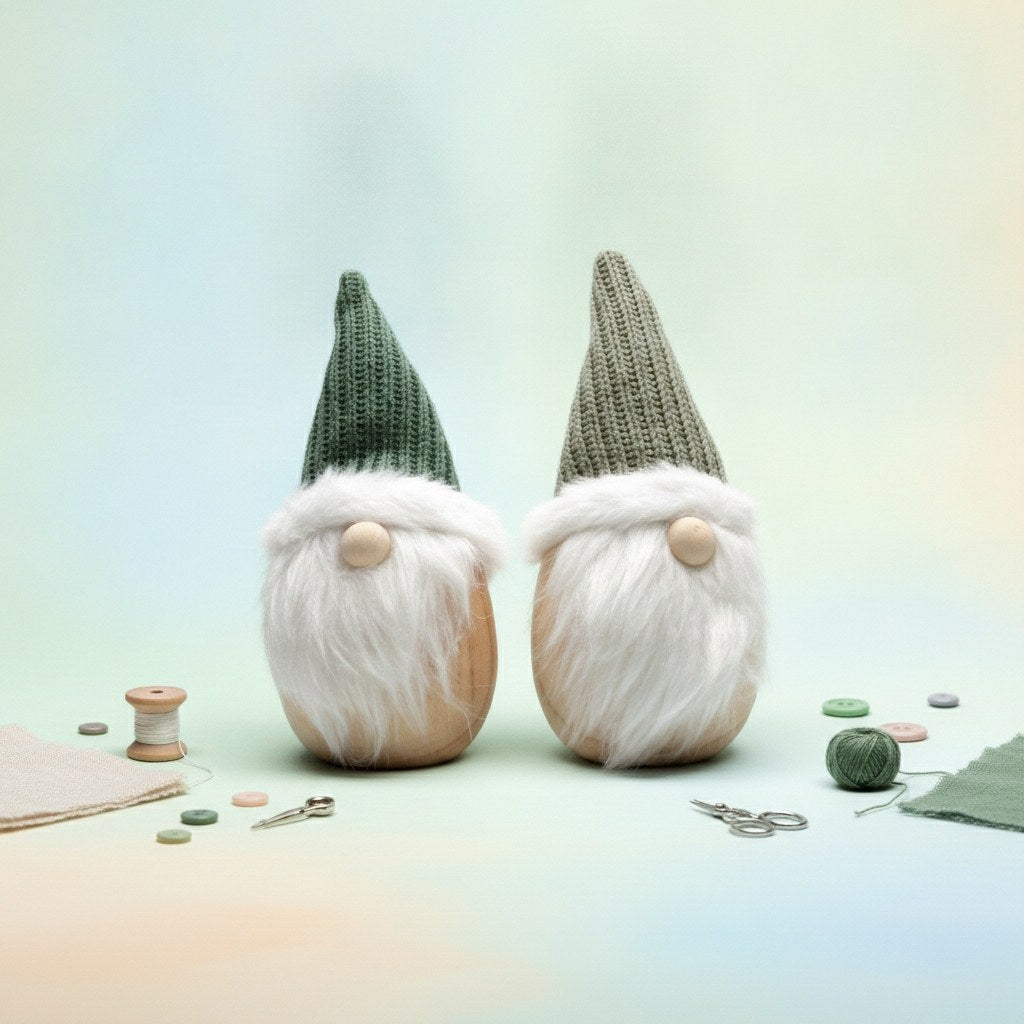 Zwei Holz-Wichtel mit grünen Strickmützen und weißen Bärten als Weihnachtsdeko