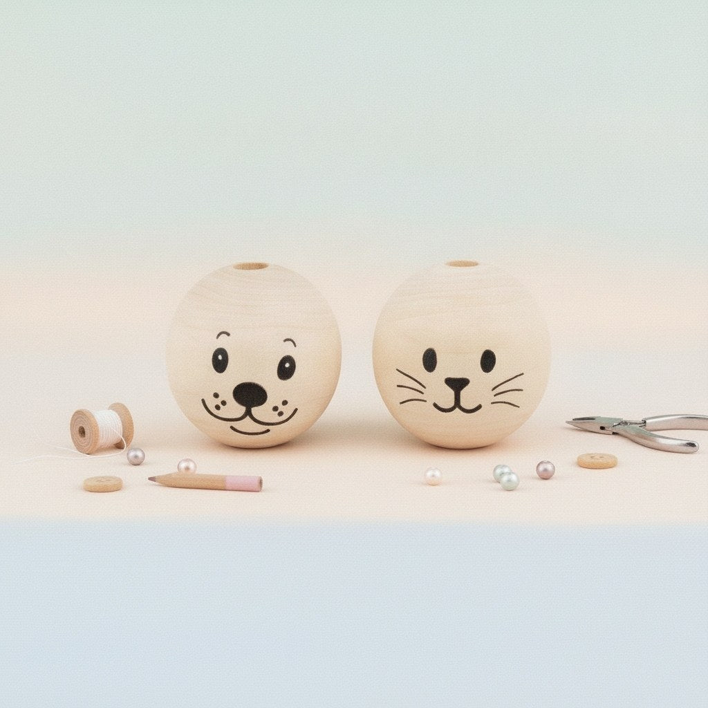 Holzkugel m. Gesicht Hund+Katz 4St, 3,5cm, natura - Kidis Art