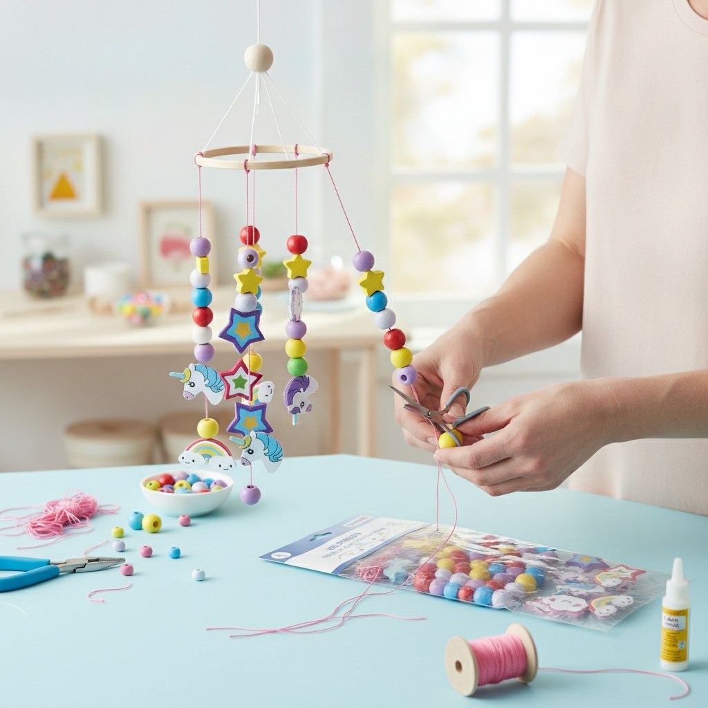 Holzperlen Einhorn - 40St. sortiert mit Kordeln-2m - Kidis Art