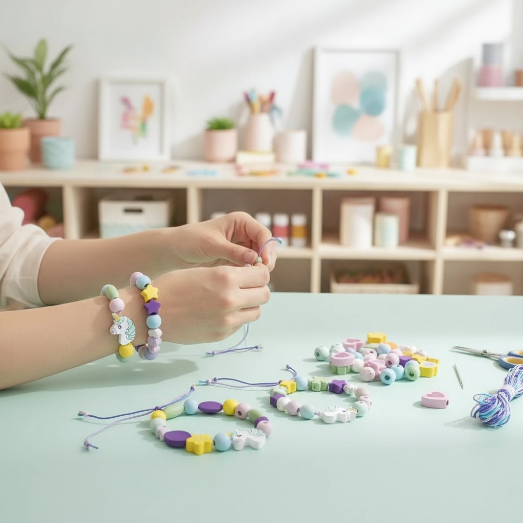 Holzperlen Einhorn in Box sortiert mit Kordeln-3m - Kidis Art