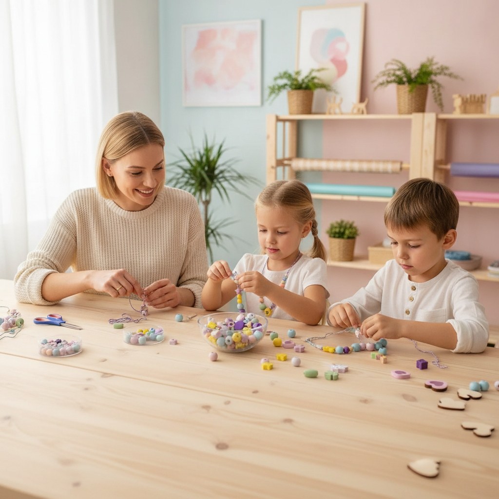 Holzperlen Einhorn in Box sortiert mit Kordeln-3m - Kidis Art