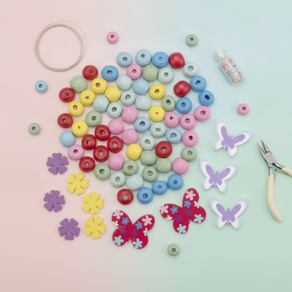 Holzperlen mit Blumen sortiert, 75St./pcs - Kidis Art