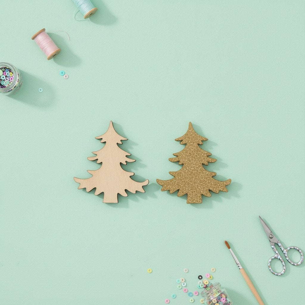 Holzstreuteile, Bäume braun/gold Glitzer, 4cm, 9St. - Kidis Art