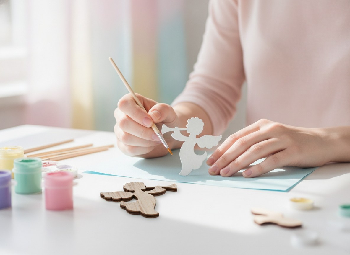 DIY Basteln: Weißer Holzengel mit Pinsel und Farbtöpfen für Kreativprojekte