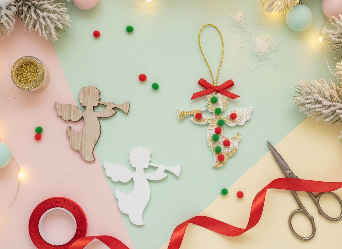 Weihnachtsdekoration mit glitzerndem Engel-Garnitur neben unverarbeiteten Holzengeln