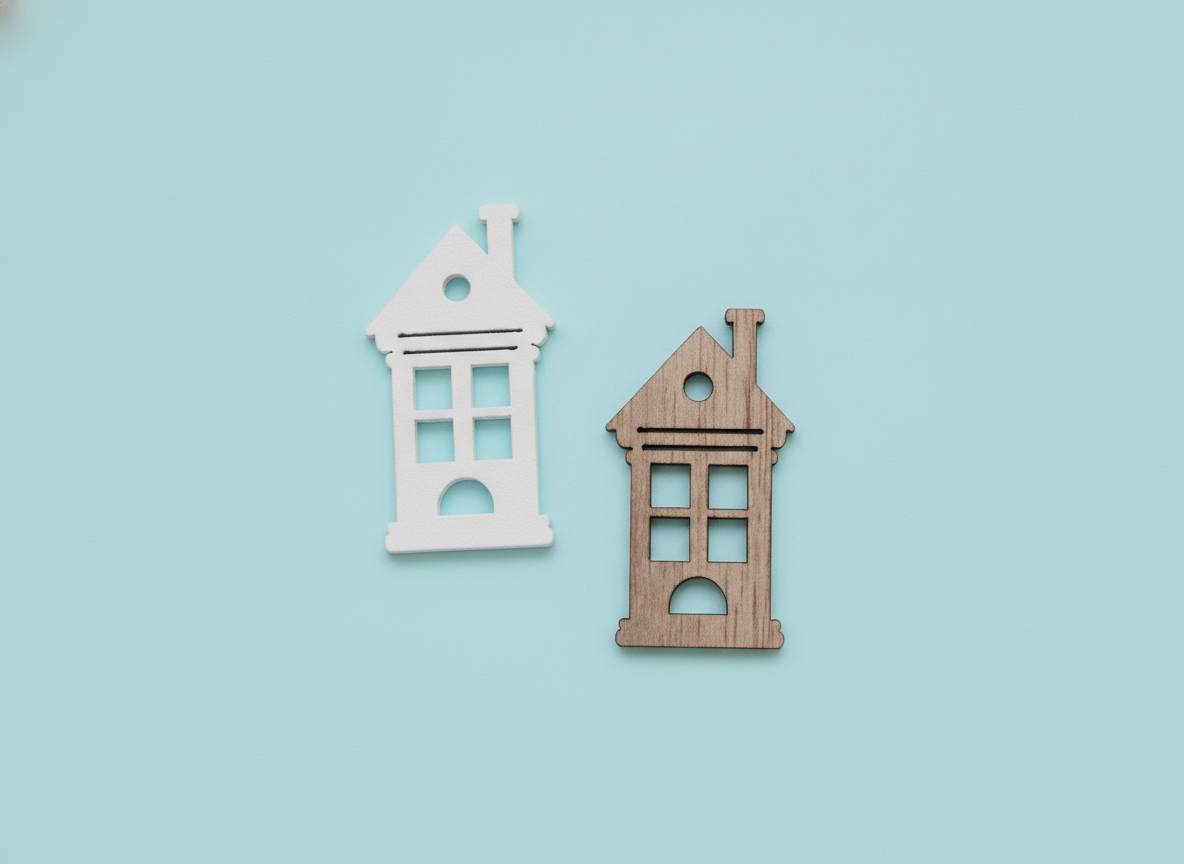 Miniature case in legno naturale con vernice e bianco opaco, foto studio
