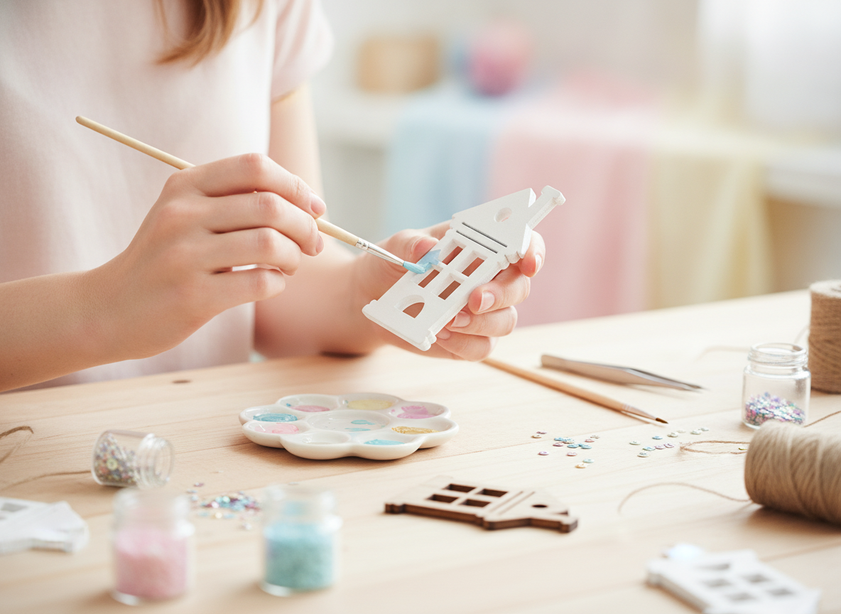 Miniatura casa in legno dipinta a mano bianca con dettagli blu per progetto fai-da-te