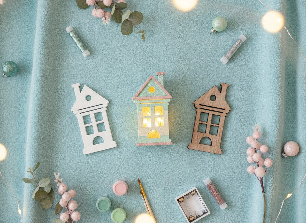 Holzstreuteile Haus Set natur weiß mint pink mit Glitzerstiften und Weihnachtsdeko