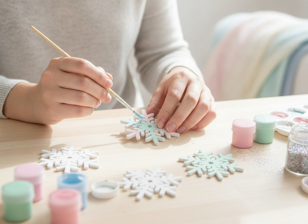Dipingere fiocchi di neve in legno con pennello e glitter fai da te