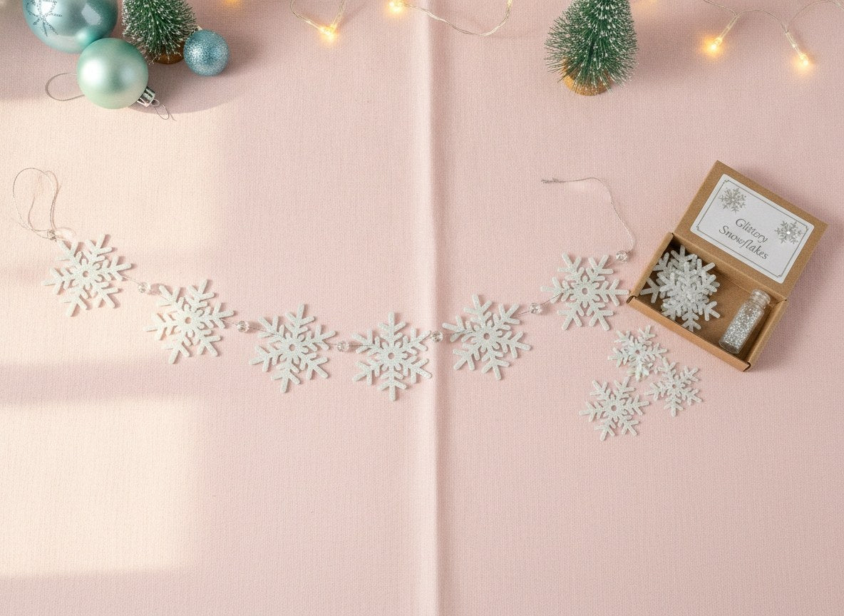 Holzschneeflocken Kette mit Verpackung und Weihnachtskugeln