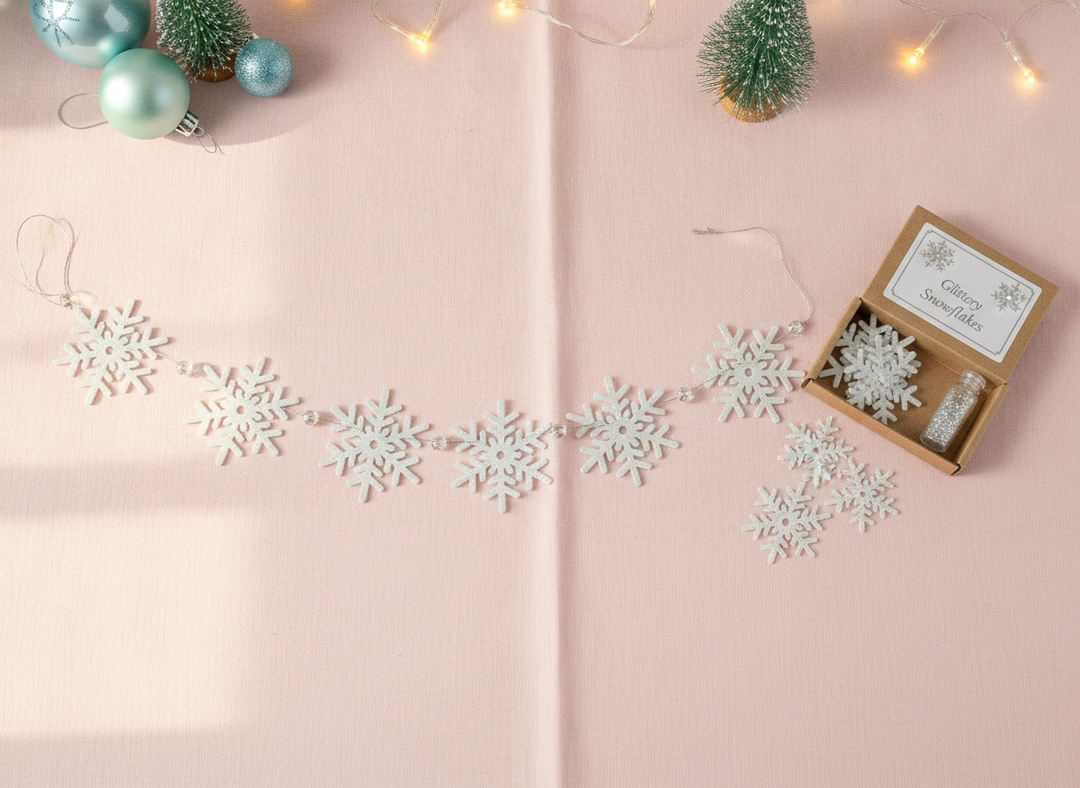 Catena di fiocchi di neve in legno con confezione e palle di Natale