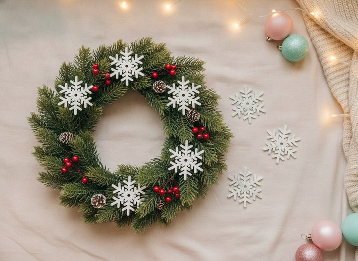 Corona di abete decorata con fiocchi di neve in legno bianchi e bacche
