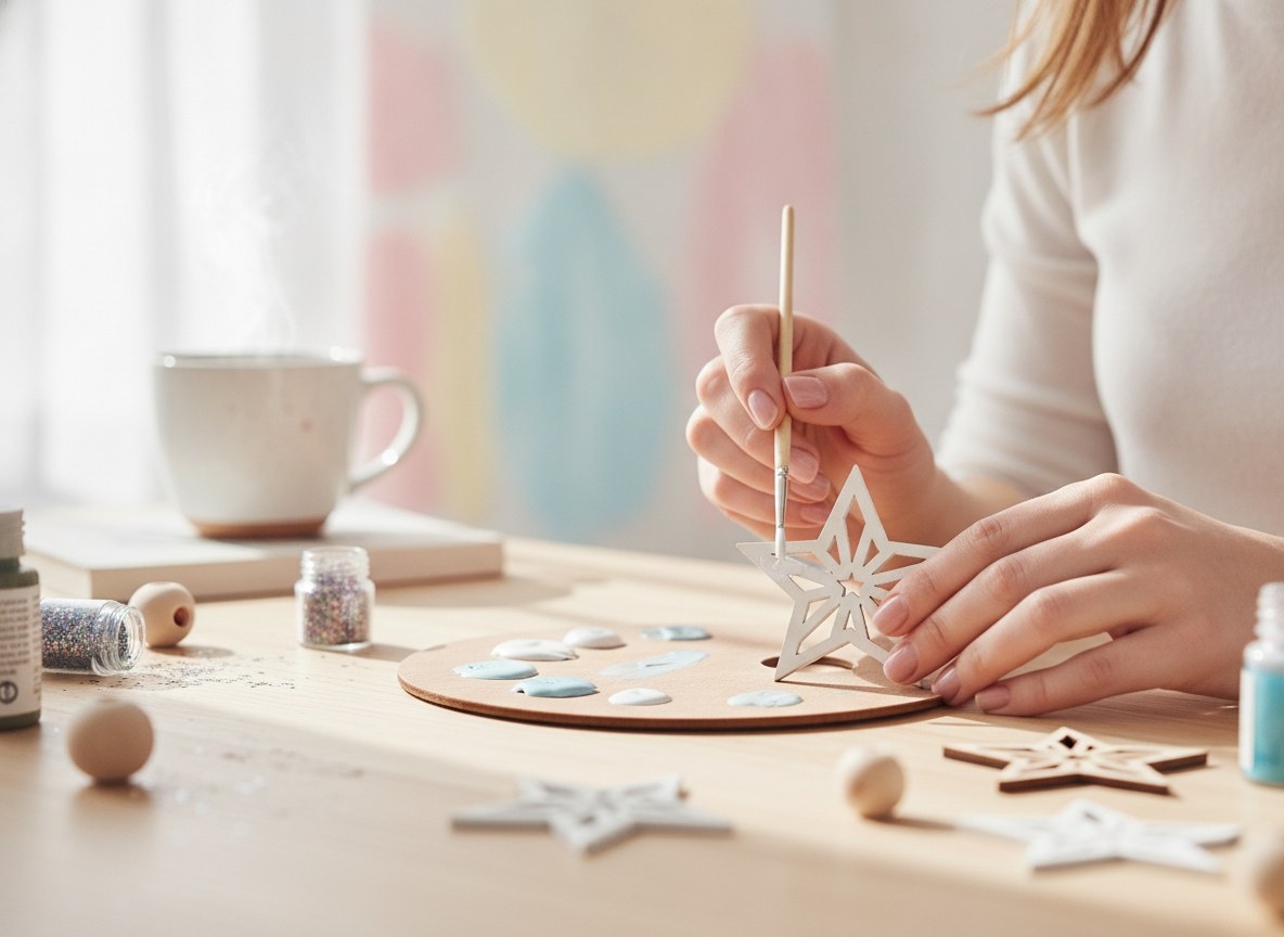Holzstern wird von Hobbybastler für DIY-Weihnachtsdeko bemalt