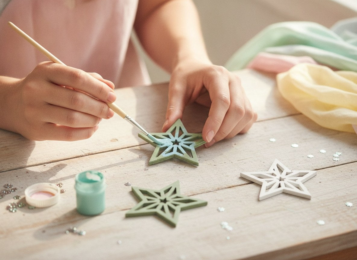 Kindliche Hände bemalen grünen Holzstern mit hellblauer Farbe für DIY Weihnachtsdeko