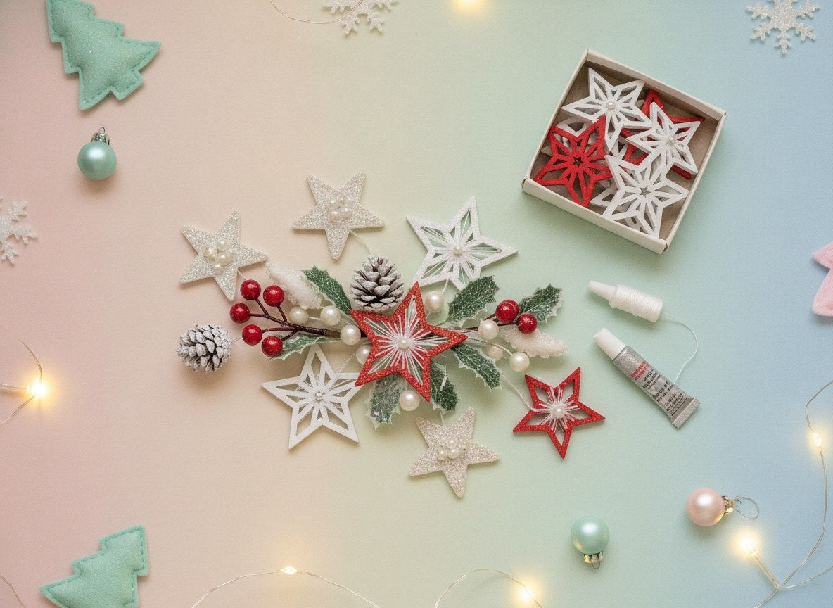 Weihnachtstischdeko Box mit gemischten rot-weißen镂空 Holzsternen, Glitzersternen und Tannenzweigen