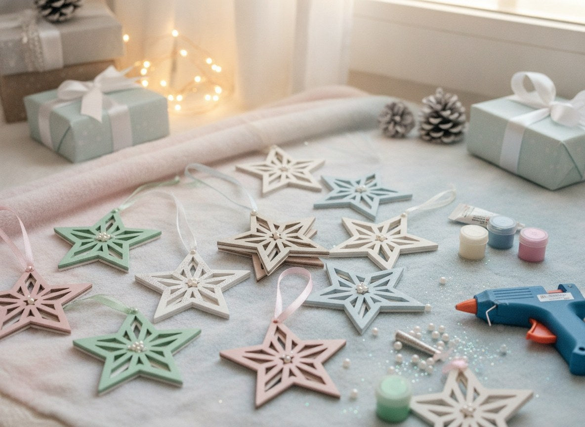 Weihnachtsbaumanhänger aus Holzstern mit Perlen und Bändern als Dekoakzent