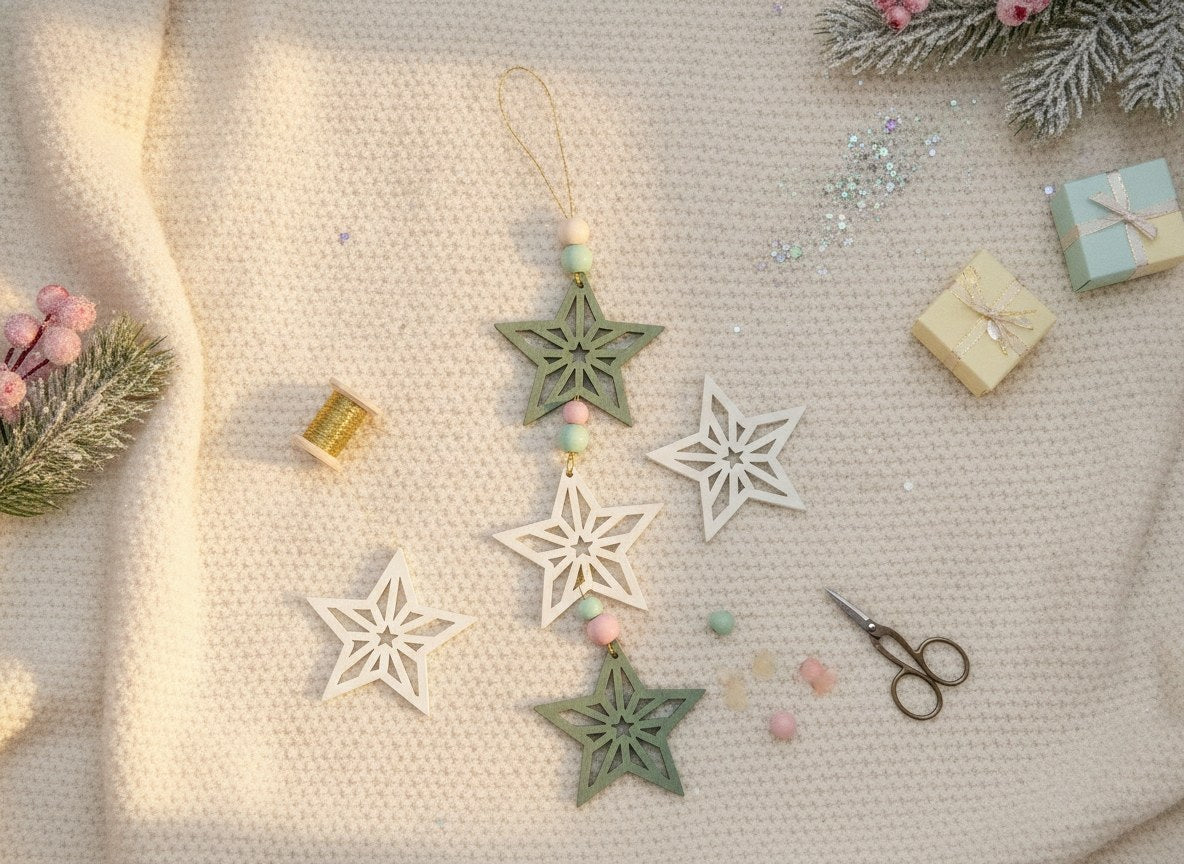 Hängender Weihnachtsbaumanhänger aus bunten Holzperlen und Sternen als Fensterdeko