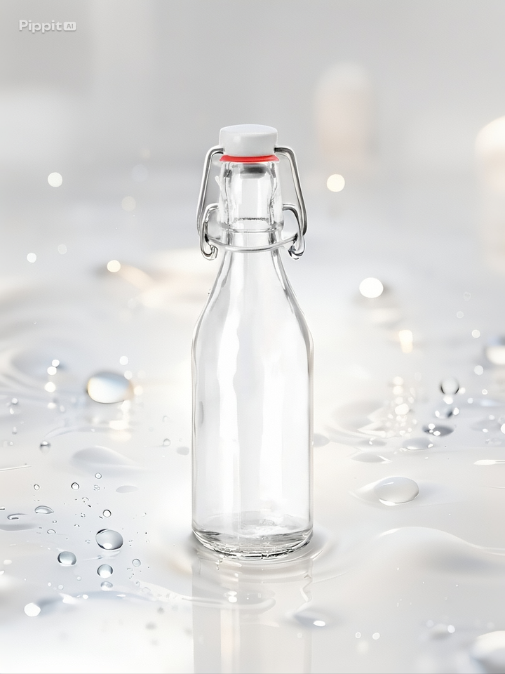 Bottiglia rotonda con tappo a vite, vetro trasparente, 200 ml