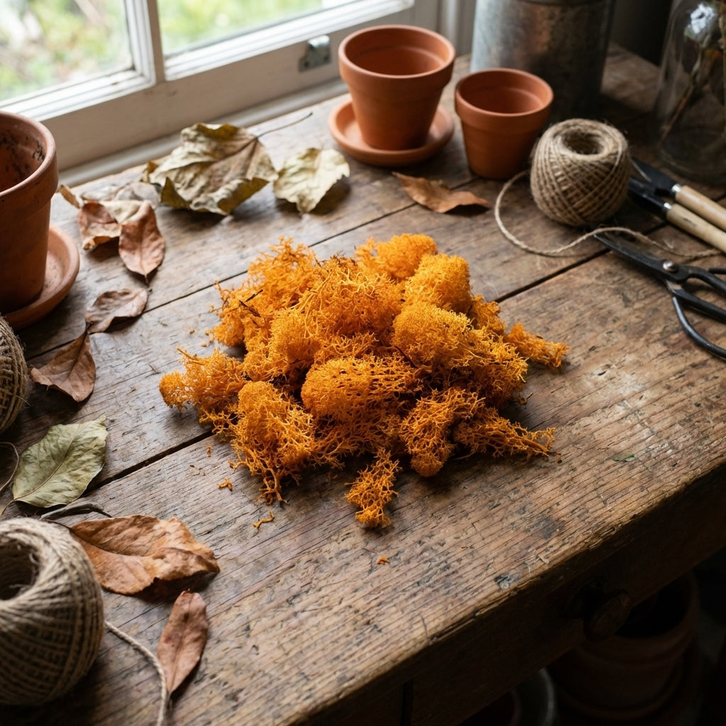 Realistic scene of Islandmoos orange moss partially unwrapped in a botanical shop display on vintage wood.