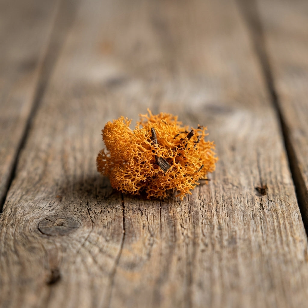 Close-up macro image of Islandmoos orange moss showcasing its soft, textured surface and vibrant color on rustic wood.