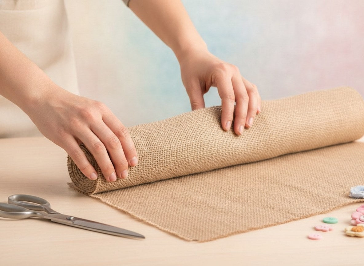 Hände rollen robuste Pflanzenfaser für Verpackungsgestaltung auf Holztisch