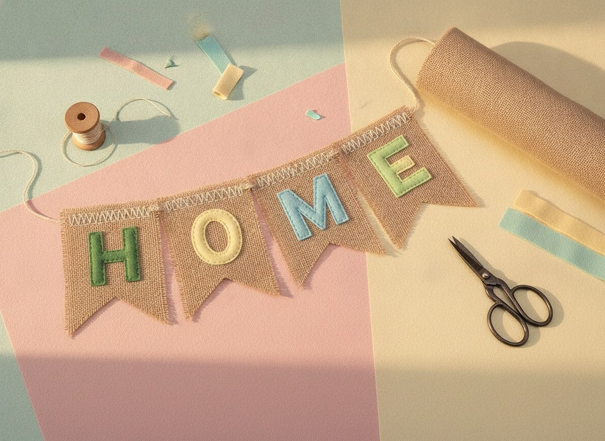 Bastelprojekt aus Jute Stoff mit gestickten HOME Buchstaben in Pastellfarben