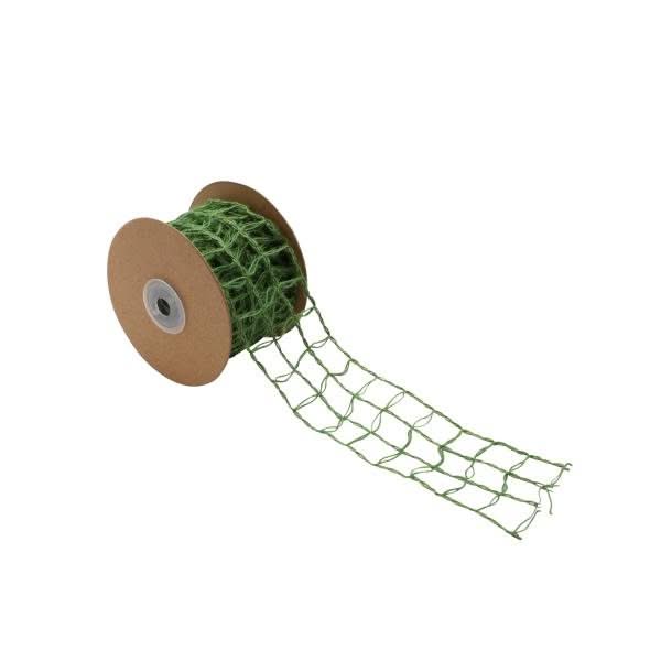 Grünes Juteband mit Draht, 5 cm breit, auf Rolle mit sichtbarer Naturfaser-Textur und Metalldrähten