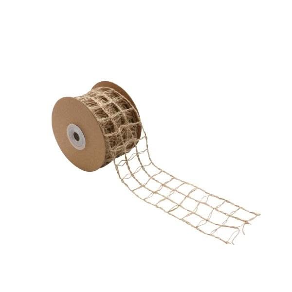 Ruban de jute naturel avec âme en fil, largeur 5 cm, texture rugueuse et motif en grille sur bobine marron
