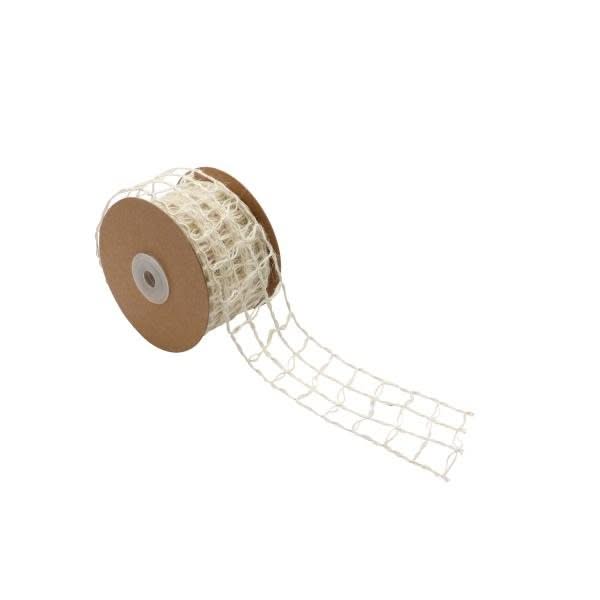 Weißes Juteband mit Drahtkern auf brauner Rolle, diagonal geflochten für Dekoration