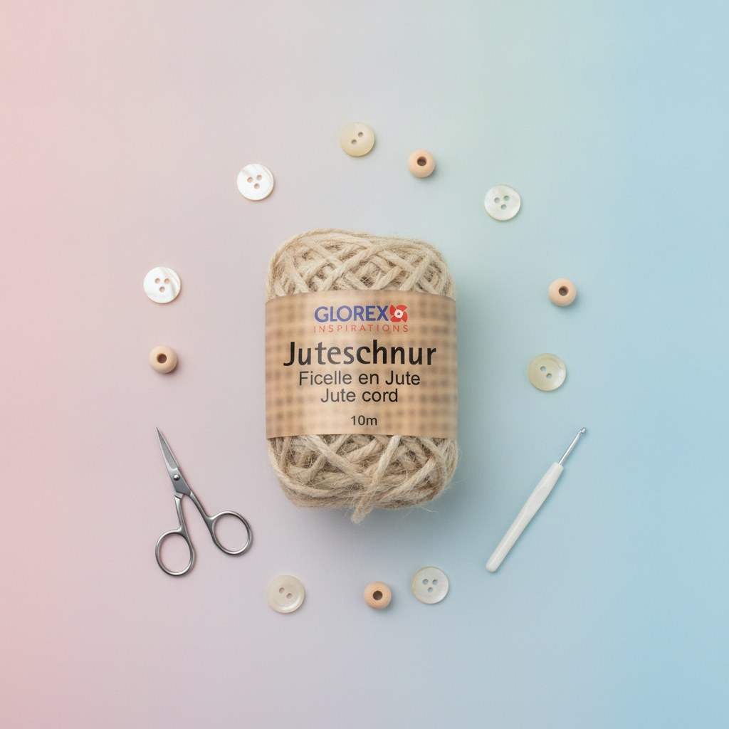 Beige Juteschnur 10m auf Knäuel mit braunem Glorex Etikett