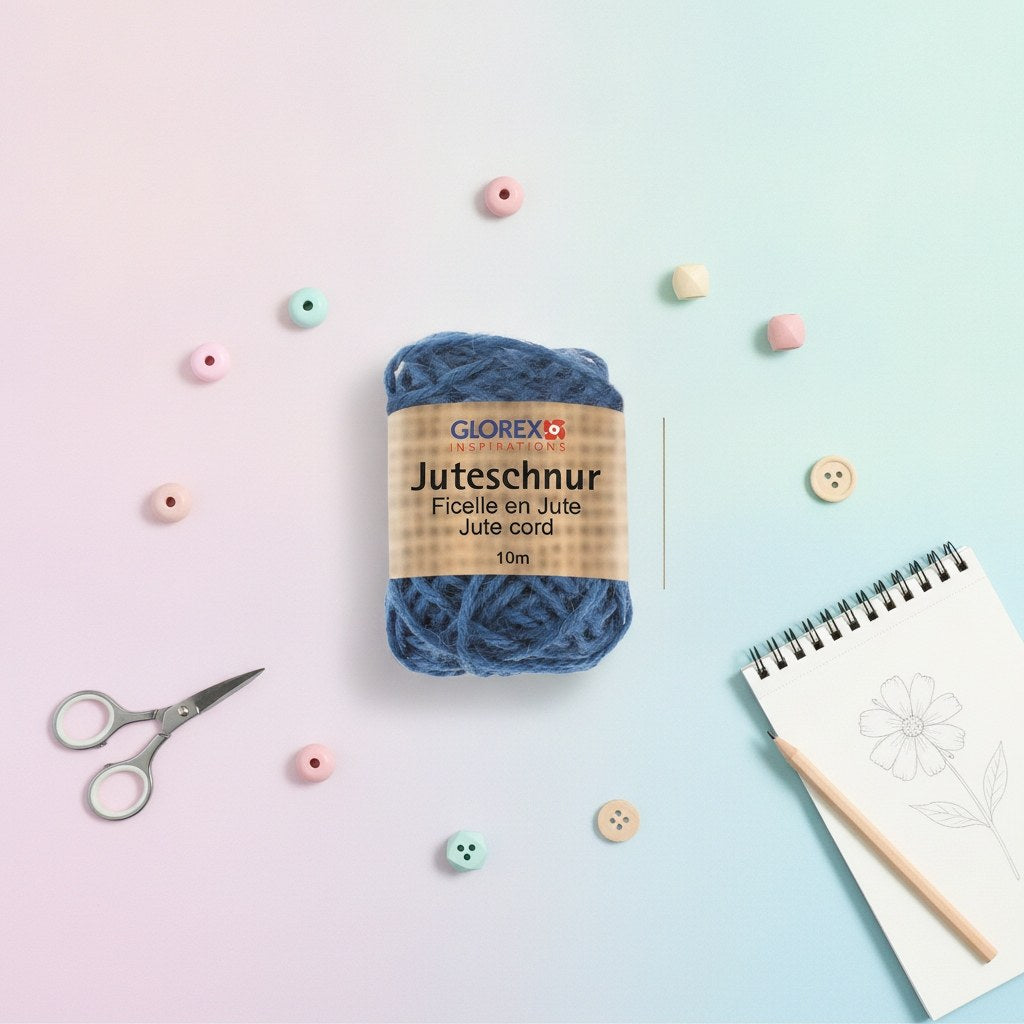 Blaue Juteschnur 10m mit Naturfaser-Textur und Glorex Papieretikett