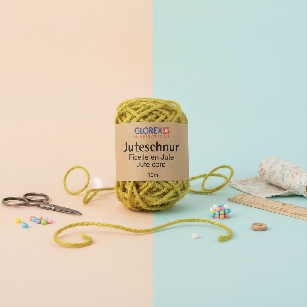 Gelbe Juteschnur Rolle mit Glorex Etikett, 10m Naturband für Floristik & Dekoration