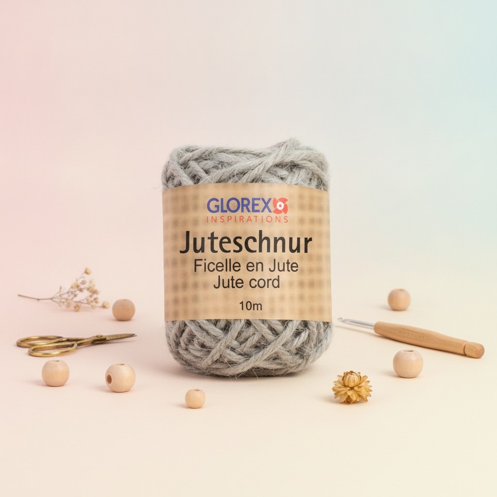 Graue Juteschnur Rolle mit Glorex Etikett, 10m Bastelband für Floristik und DIY
