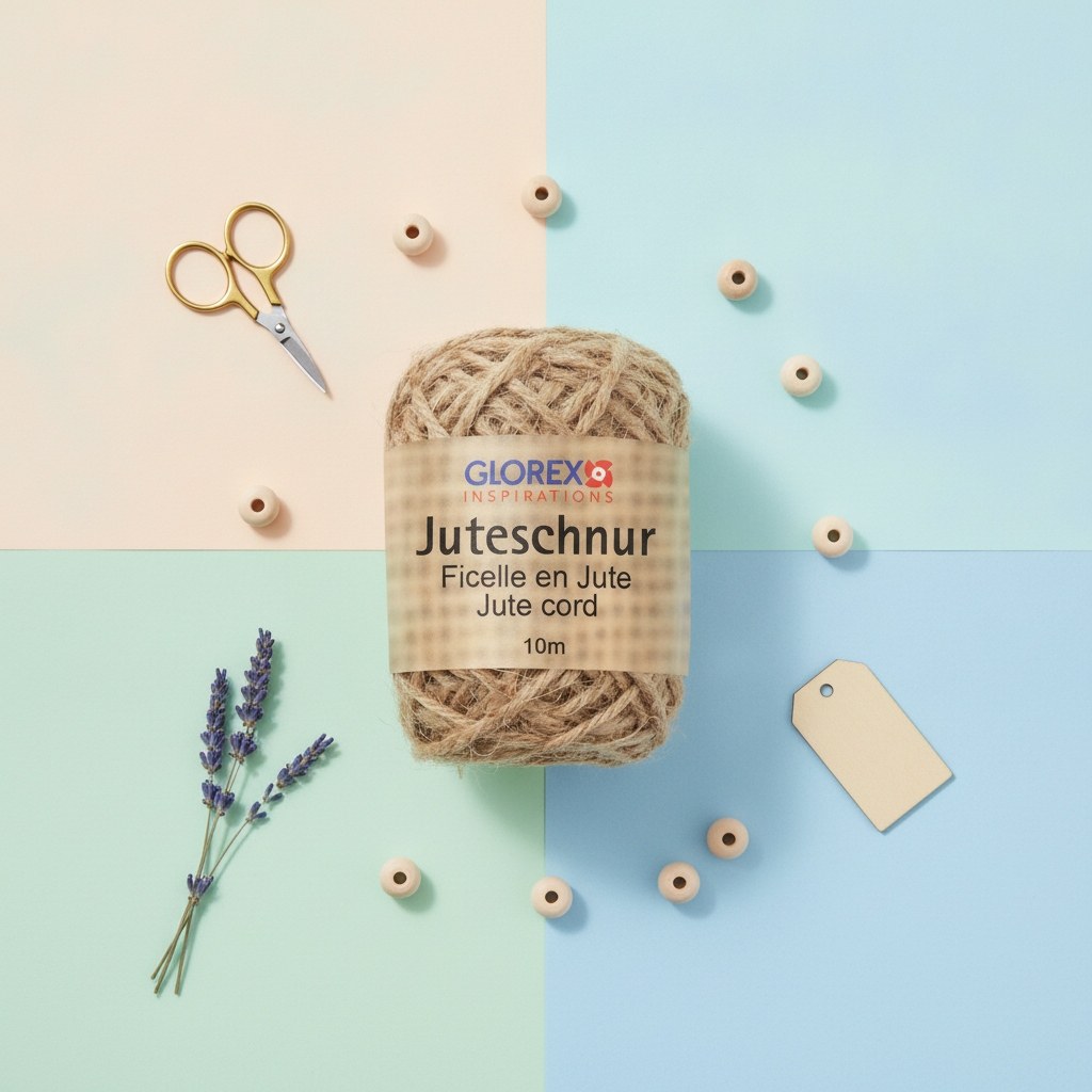 Geknickte Rolle hellbraune Juteschnur mit rauer Naturfaser-Textur und GLOREX INSPIRATIONS Etikett