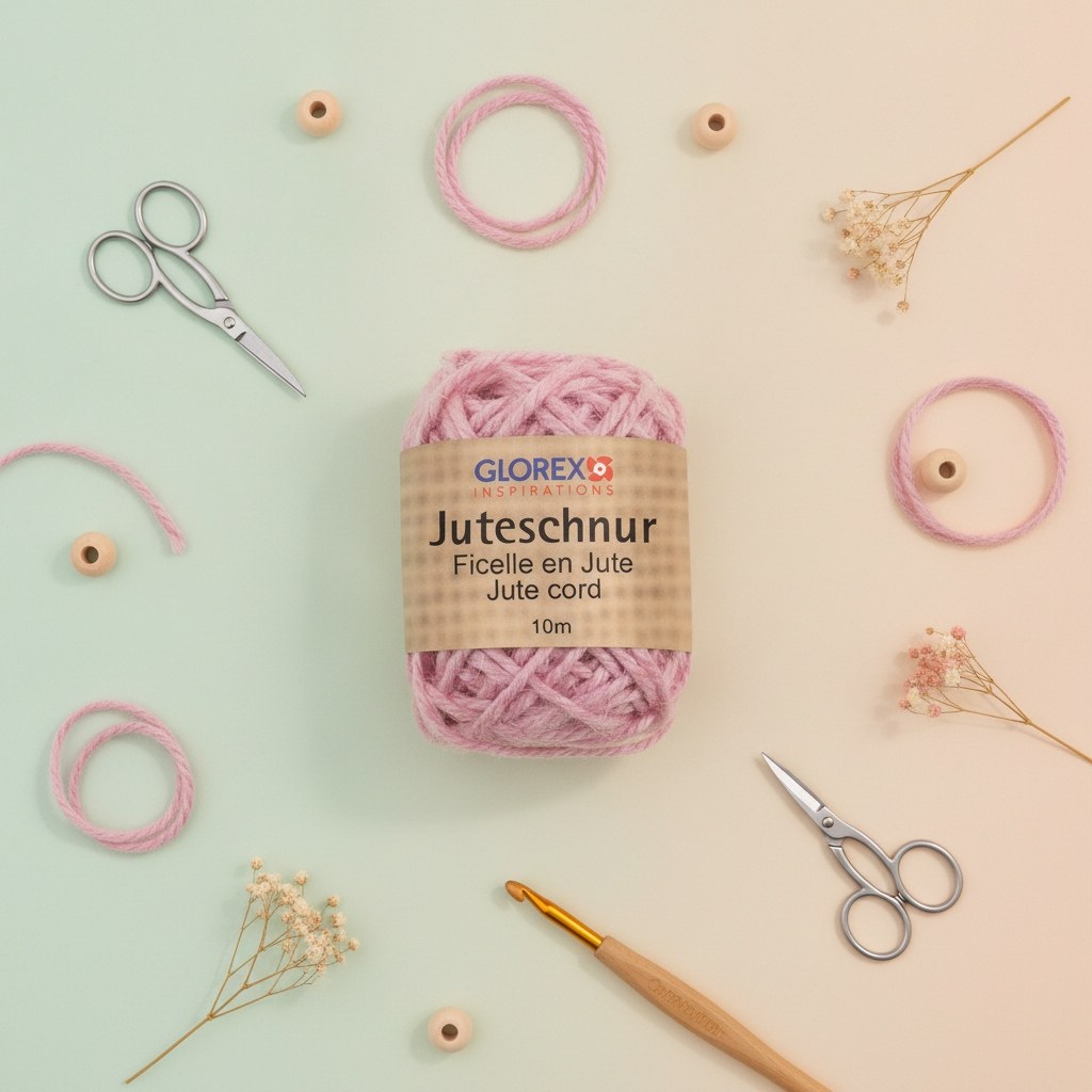Rosa Juteschnur 10m Ball mit Glorex Etikett und Naturfaser-Textur
