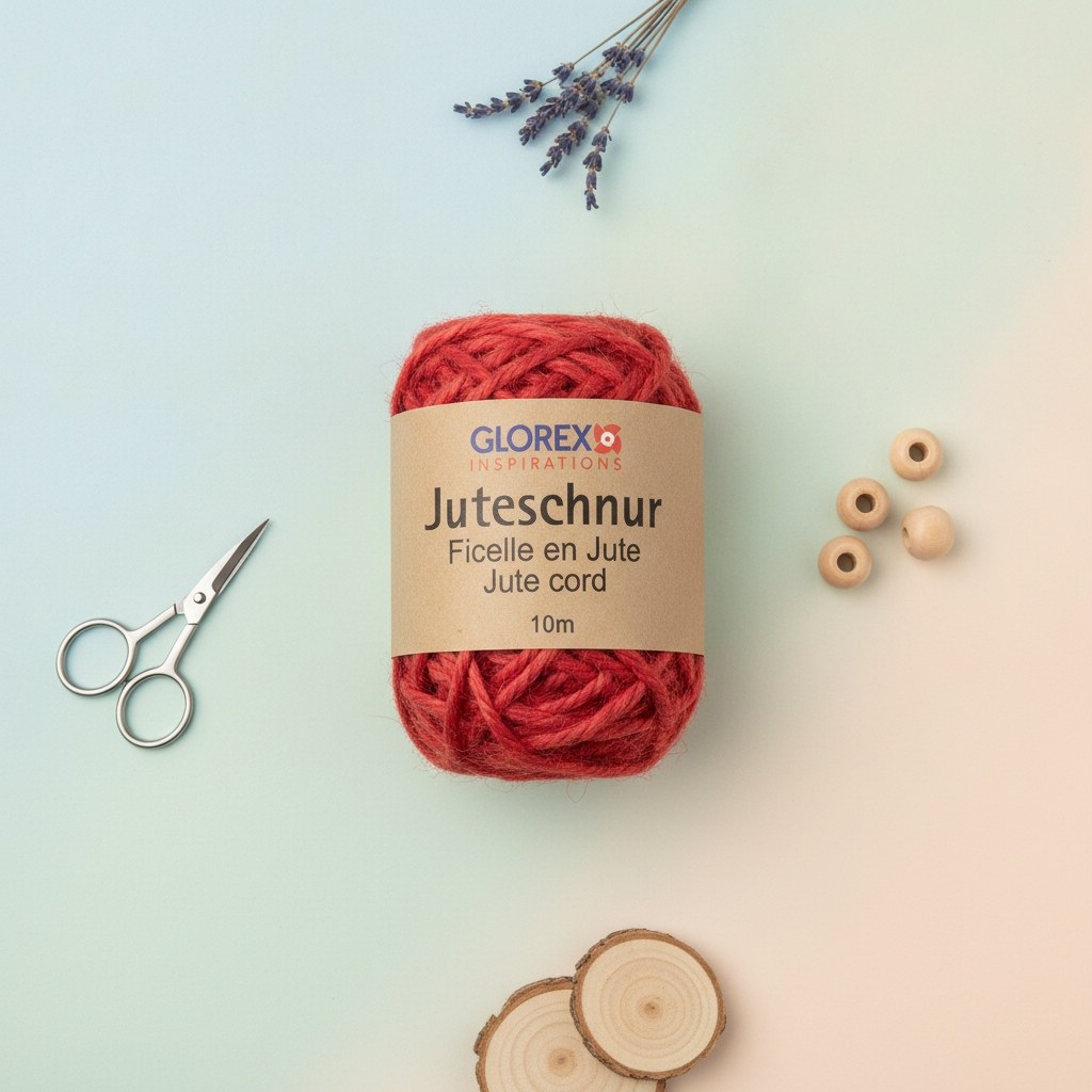 Rote Juteschnur aus Naturfasern, 10m Rolle mit Glorex Etikett
