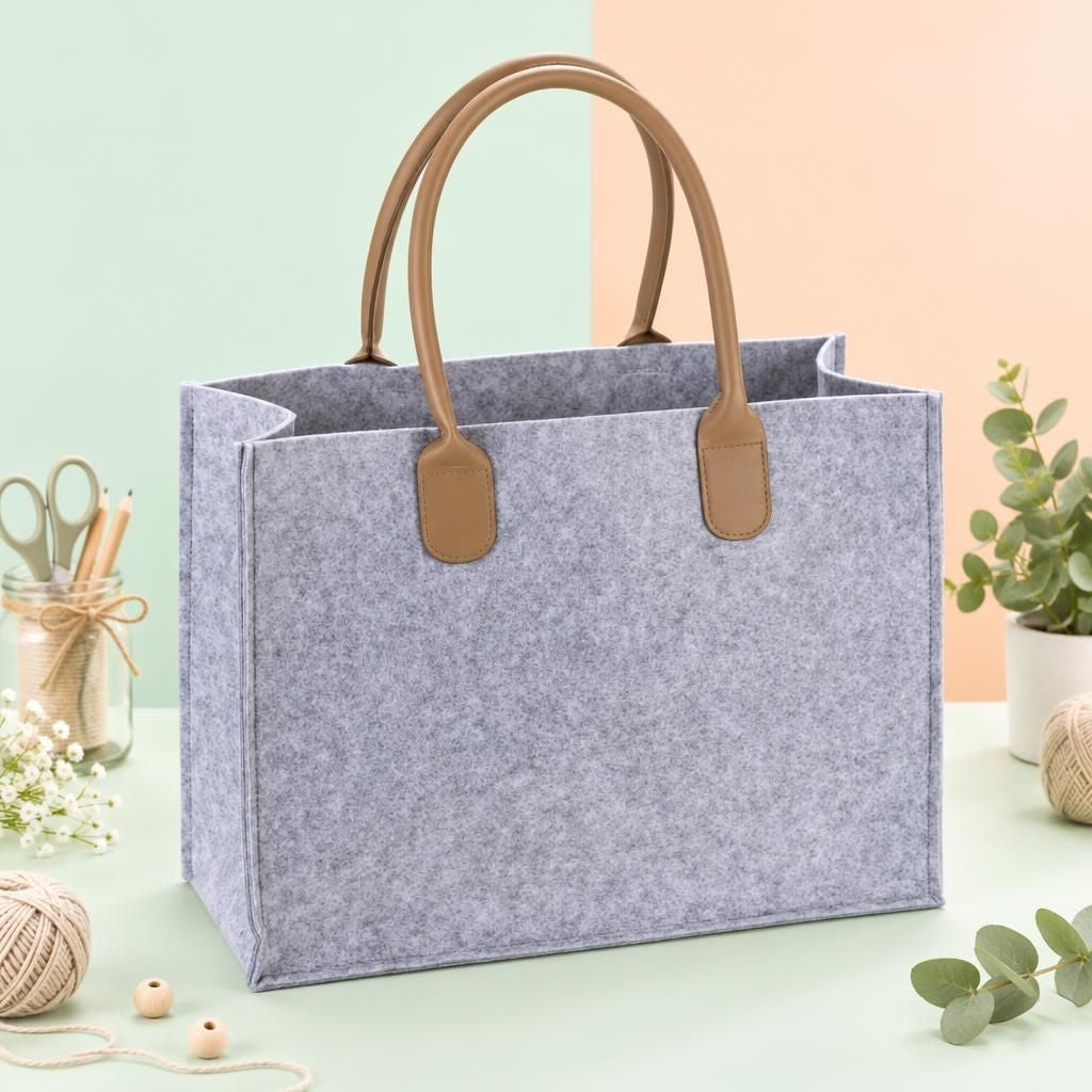 Hauptbild – Filztasche mit Lederhenkel hellgrau, 40x16x30cm