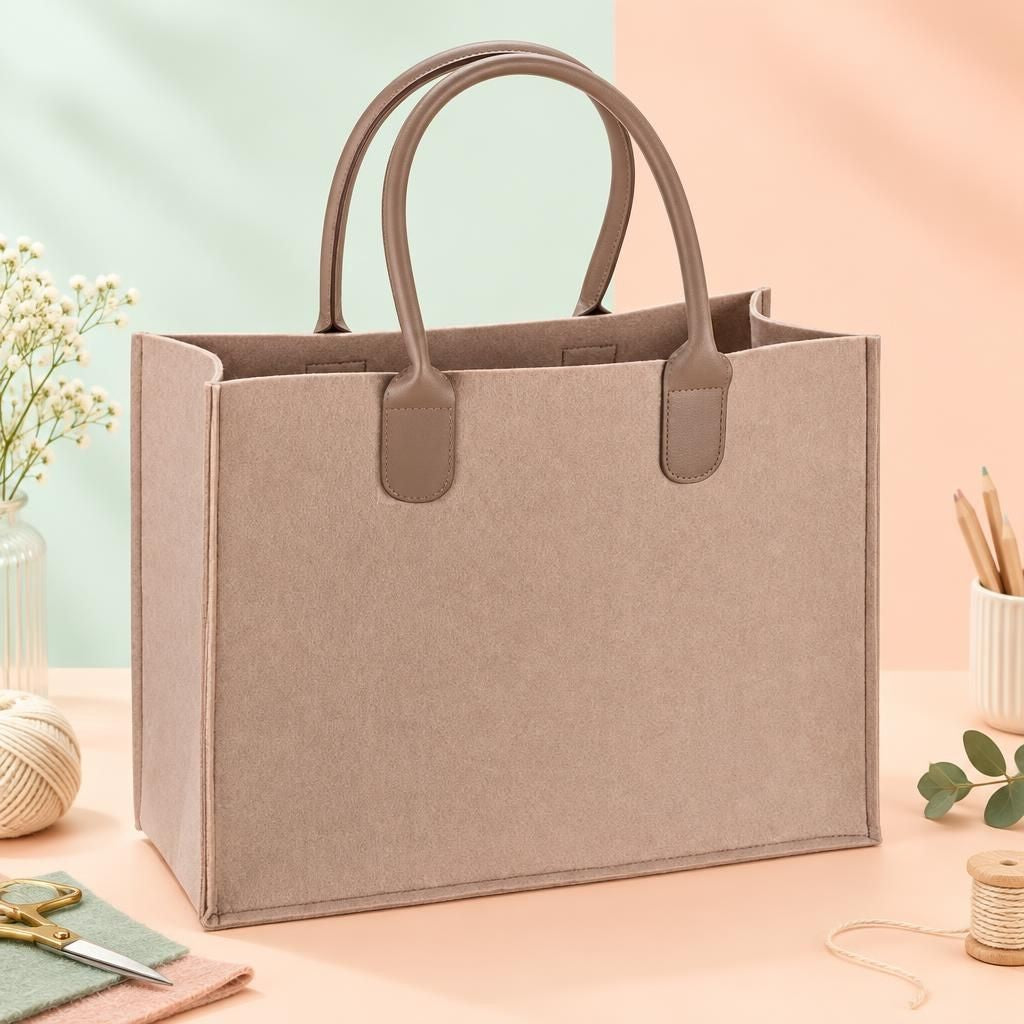 Hauptbild – Filztasche mit Lederhenkel beige, 40x16x30cm